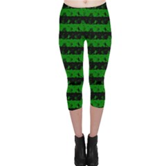 Alien Green And Black Halloween Nightmare Stripes  Capri Leggings  by PodArtist