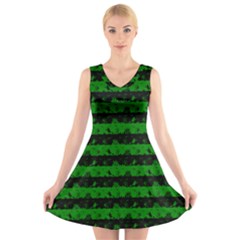 Alien Green And Black Halloween Nightmare Stripes  V-neck Sleeveless Dress