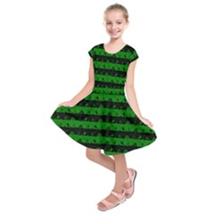 Alien Green And Black Halloween Nightmare Stripes  Kids  Short Sleeve Dress by PodArtist