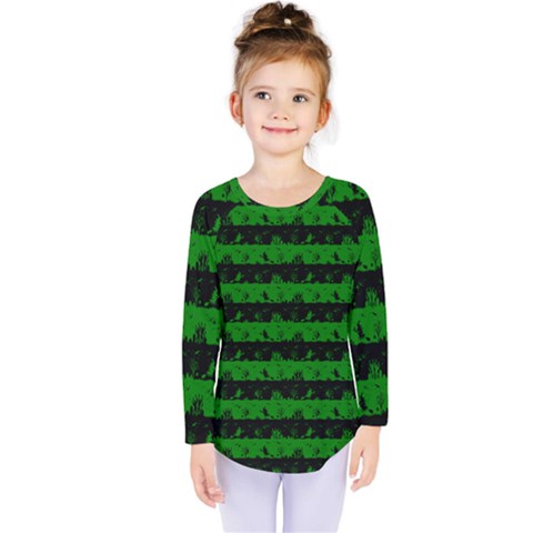 Alien Green And Black Halloween Nightmare Stripes  Kids  Long Sleeve Tee by PodArtist