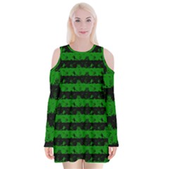 Alien Green And Black Halloween Nightmare Stripes  Velvet Long Sleeve Shoulder Cutout Dress by PodArtist