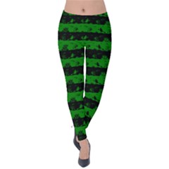 Alien Green And Black Halloween Nightmare Stripes  Velvet Leggings by PodArtist