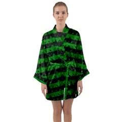 Alien Green And Black Halloween Nightmare Stripes  Long Sleeve Kimono Robe by PodArtist