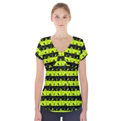Slime Green And Black Halloween Nightmare Stripes  Short Sleeve Front Detail Top by PodArtist