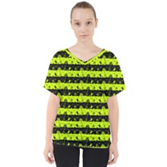 Slime Green And Black Halloween Nightmare Stripes  V-neck Dolman Drape Top by PodArtist