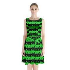 Monster Green And Black Halloween Nightmare Stripes  Sleeveless Waist Tie Chiffon Dress by PodArtist
