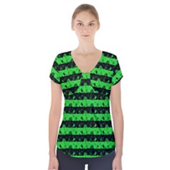 Monster Green And Black Halloween Nightmare Stripes  Short Sleeve Front Detail Top by PodArtist