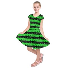 Monster Green And Black Halloween Nightmare Stripes  Kids  Short Sleeve Dress by PodArtist