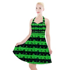 Monster Green And Black Halloween Nightmare Stripes  Halter Party Swing Dress  by PodArtist