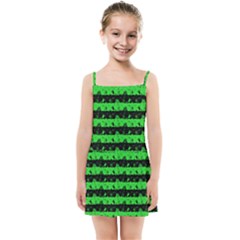 Monster Green And Black Halloween Nightmare Stripes  Kids Summer Sun Dress by PodArtist