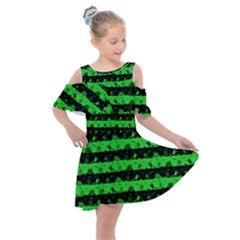 Monster Green And Black Halloween Nightmare Stripes  Kids  Shoulder Cutout Chiffon Dress by PodArtist