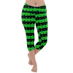 Monster Green And Black Halloween Nightmare Stripes  Lightweight Velour Capri Yoga Leggings by PodArtist