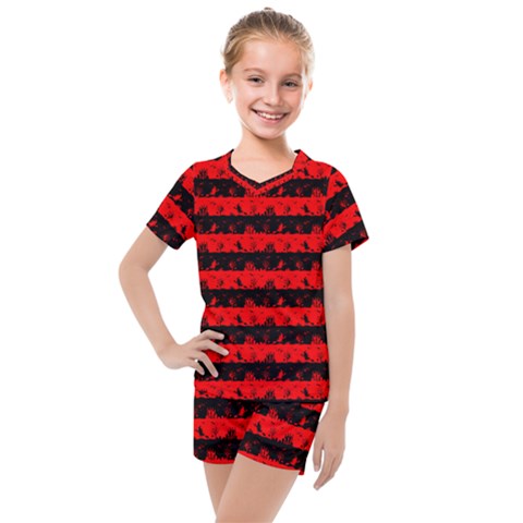 Red Devil And Black Halloween Nightmare Stripes  Kids  Mesh Tee And Shorts Set by PodArtist