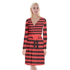 Donated Kidney Pink And Black Halloween Nightmare Stripes  Long Sleeve Velvet Front Wrap Dress by PodArtist