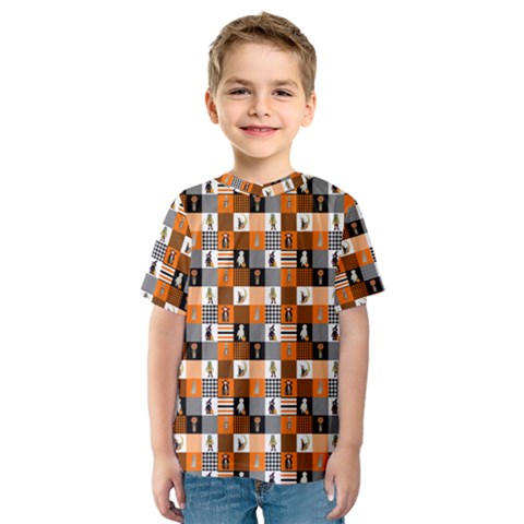 Witches, Monsters And Ghosts Halloween Orange And Black Patchwork Quilt Squares Kids  Sport Mesh Tee by PodArtist