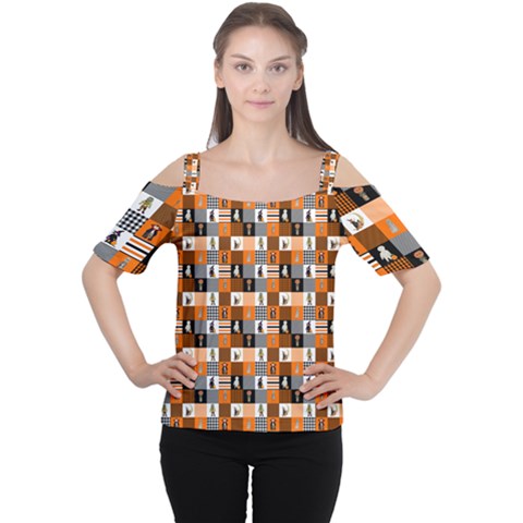 Witches, Monsters And Ghosts Halloween Orange And Black Patchwork Quilt Squares Cutout Shoulder Tee by PodArtist