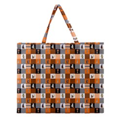 Witches, Monsters And Ghosts Halloween Orange And Black Patchwork Quilt Squares Zipper Large Tote Bag by PodArtist