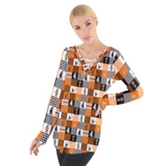 Witches, Monsters And Ghosts Halloween Orange And Black Patchwork Quilt Squares Tie Up Tee by PodArtist