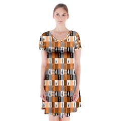 Witches, Monsters And Ghosts Halloween Orange And Black Patchwork Quilt Squares Short Sleeve V-neck Flare Dress by PodArtist
