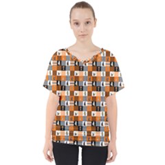 Witches, Monsters And Ghosts Halloween Orange And Black Patchwork Quilt Squares V-neck Dolman Drape Top by PodArtist
