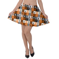 Witches, Monsters And Ghosts Halloween Orange And Black Patchwork Quilt Squares Velvet Skater Skirt by PodArtist