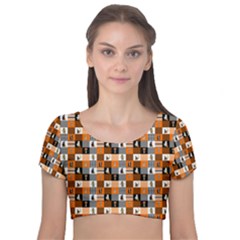 Witches, Monsters And Ghosts Halloween Orange And Black Patchwork Quilt Squares Velvet Short Sleeve Crop Top  by PodArtist