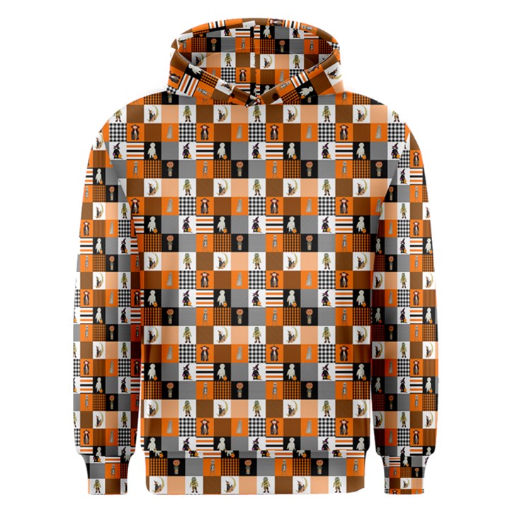 Witches, Monsters and Ghosts Halloween Orange and Black Patchwork Quilt Squares Men s Overhead Hoodie