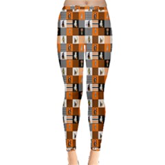 Witches, Monsters And Ghosts Halloween Orange And Black Patchwork Quilt Squares Inside Out Leggings by PodArtist