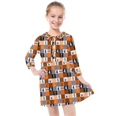 Witches, Monsters And Ghosts Halloween Orange And Black Patchwork Quilt Squares Kids  Quarter Sleeve Shirt Dress by PodArtist