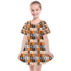 Witches, Monsters And Ghosts Halloween Orange And Black Patchwork Quilt Squares Kids  Smock Dress by PodArtist