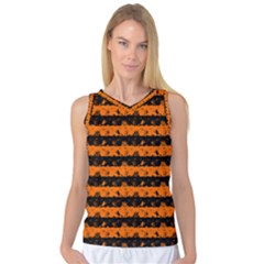 Dark Pumpkin Orange And Black Halloween Nightmare Stripes  Women s Basketball Tank Top by PodArtist