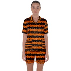 Dark Pumpkin Orange And Black Halloween Nightmare Stripes  Satin Short Sleeve Pyjamas Set by PodArtist