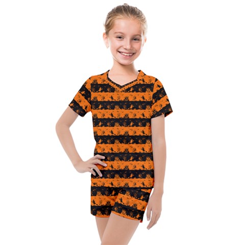 Dark Pumpkin Orange And Black Halloween Nightmare Stripes  Kids  Mesh Tee And Shorts Set by PodArtist