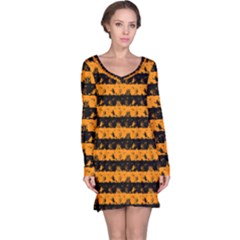 Pale Pumpkin Orange And Black Halloween Nightmare Stripes  Long Sleeve Nightdress by PodArtist