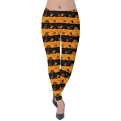 Pale Pumpkin Orange And Black Halloween Nightmare Stripes  Velvet Leggings by PodArtist