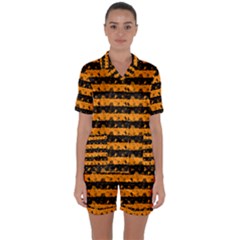 Pale Pumpkin Orange And Black Halloween Nightmare Stripes  Satin Short Sleeve Pyjamas Set by PodArtist