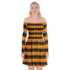 Pale Pumpkin Orange And Black Halloween Nightmare Stripes  Off Shoulder Skater Dress by PodArtist