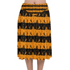 Pale Pumpkin Orange And Black Halloween Nightmare Stripes  Velvet Flared Midi Skirt by PodArtist