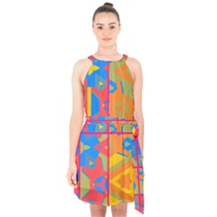 Colorful Shapes In Tiles                                            Halter Collar Waist Tie Chiffon Dress