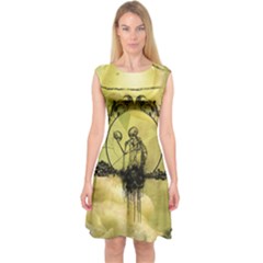 Awesome Creepy Skeleton With Skull Capsleeve Midi Dress by FantasyWorld7