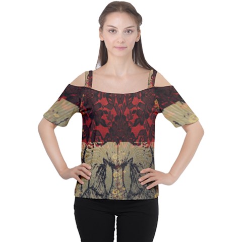 Red And Black Leather Red And Gold Lace Design By Flipstylez Designs Cutout Shoulder Tee by flipstylezfashionsLLC