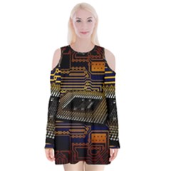 Processor Cpu Board Circuits Velvet Long Sleeve Shoulder Cutout Dress