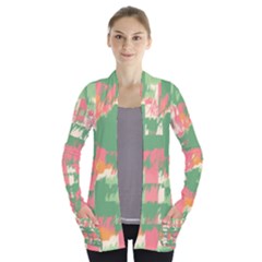 Pink Scratches On A Green Background                                                Women s Open Front Pockets Cardigan