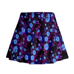 Purple Blue  Roses Mini Flare Skirt