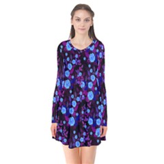 Purple Blue  Roses Long Sleeve V-neck Flare Dress by snowwhitegirl