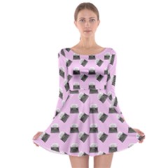 Retro Typewriter Pink Pattern Long Sleeve Skater Dress