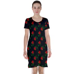 Red Roses Black Short Sleeve Nightdress