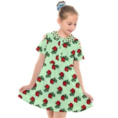 Red Roses Green Kids  Short Sleeve Shirt Dress