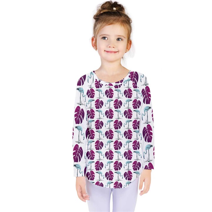 Flamingo Leaf Patttern Blue Kids  Long Sleeve Tee