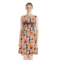 Girl With Roses And Anchors Sleeveless Waist Tie Chiffon Dress